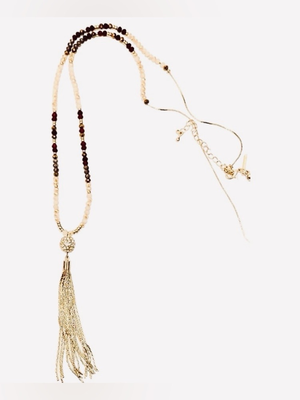 Loft Gold Tassel Beaded Long Necklace w/ Cream, Grey, Gold and Burgundy Beads